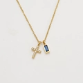 Golden cross necklace with blue sapphire zircon pendant and micro-paved diamonds detail - September/Blue