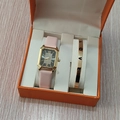 Montre octogonale dorée pour femme avec bracelet rose et jonc doré gravé Love - Style 15 (Sans boîte)