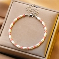 Pink and white pearl bead bracelet with S925 sterling silver lobster clasp and chain - Stainless Steel Pink White Rice Bead Bracelet (10850)