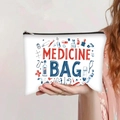 Hand holding white medicine bag with zipper and red medical equipment illustration - Medicine Bag Color Print Style (jiayingpbb0131)