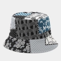 Detail showing vintage patchwork bucket hat with floral patterns and butterfly prints - Black White Blue Grey Patchwork (2#色)