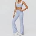 Light blue high waist flare yoga set with double layer color block sports bra - S / Top And Bottom (Bra + Flared Leggings Style) / Mist Blue