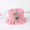 Pink knitted baby neck warmer with a grey giraffe and 'Hand made' label details - Pink