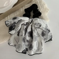 Elegant black and white floral print scrunchie with long ribbons on knit fabric - 18# Ink Gray