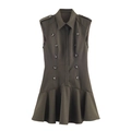 Olive green sleeveless blazer dress with padded shoulders and ruffled hem on white background - XS / Army Green