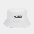 Detailed view of white cotton bucket hat featuring black Colorado embroidery and metal eyelets - White