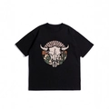 Black cotton T-shirt with bohemian bull skull and cactus print in a flat lay view - M / Black