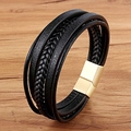 Pulsera multicapa de cuero trenzado negro para hombre con cierre magnético dorado - Hebilla Dorada Cuero Negro-19cm