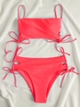 Neon pink two-piece bikini set with side cut-outs and adjustable string ties - S / Watermelon Pink