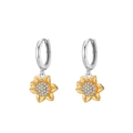 Elegant 925 sterling silver sunflower drop earrings with gold petals and white zircons - Silver Sunflower Dangle Earrings (SE390)