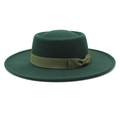 Close-up of dark green wool felt flat top hat with matching grosgrain ribbon bow - M (56-58cm) / Dark Green