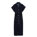 Vestido midi azul marino de manga corta con pliegues en cintura y botones - XS / Azul oscuro