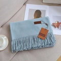 Soft light blue solid color pashmina-feel scarf with elegant fringe and brand tag - 24# Blue Gray