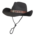 Detail of black straw cowboy hat featuring leather band with studs and vintage metal badge - M (56-58cm) / Black