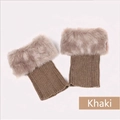 Khaki rib-knitted leg warmers with plush faux fur trim for boots and winter styling - One Size / Khaki