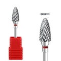 Detail of bullet-shaped carbide nail drill bit with precision cross-cut patterns and base - Red Ring Pear Shape Drill Bit (OMWGY11)