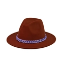 Close-up of brown wool fedora hat featuring a stylish lavender chunky chain decoration - Dark Brown(10)
