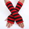 Guanti lunghi senza dita in maglia a righe rosse e nere con polsini a coste donna - Rosso + Nero