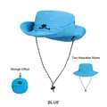 Blue foldable sun hat with windproof cord showing packable storage and wearing styles - One Size (54-58cm) / Blue