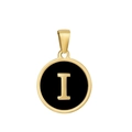 Macro shot of stainless steel letter I pendant with golden border and black enamel - Letter I