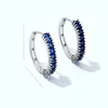 Detailed view of silver hoop earrings with blue square-cut zircons and size dimensions - Blue Zirconia