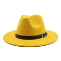Detailed close-up of a yellow wool fedora hat featuring a black belt buckle band and metal buckle - M (56-58cm) / Yellow