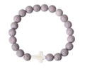 Elastic beaded bracelet with purple lava stone beads and a white cross pendant charm - Lava Stone with Cross