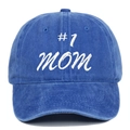 Close-up of #1 mom 3D embroidery on vintage washed blue cotton baseball cap fabric - Adjustable / Sapphire Blue