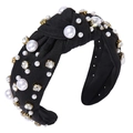 Elegant black fabric knotted headband with scattered pearls and rhinestone heart accents - 1# Black (Pearl Rhinestone Decor)