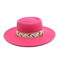 Detail of fuchsia wool felt hat with bohemian fishbone woven band on flat wide brim - M (56-58cm) / Rose Red