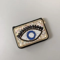 Bohemian black leather coin purse with handmade evil eye beadwork and gold zipper - No.35 (Blue Pupil Eye)