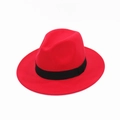 Classic bright red wide-brimmed felt fedora hat featuring a black decorative ribbon band - Red