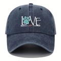 Unisex navy blue washed cotton baseball cap with LOVE and paw print embroidery - Navy Blue