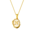 Gold plated stainless steel necklace featuring a shell letter N lava round pendant - Letter N