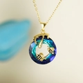 Golden necklace with blue-purple gradient crystal ring and two small golden bees pendant - Blue-Purple Gradient Bee Style (23271)