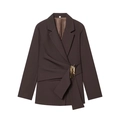 Detail of dark brown blazer featuring a gold metallic buckle and textured fabric - XS / Brown Blazer