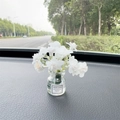 Car dashboard mini glass vase with white artificial flowers and Good Luck label - White Small Flower