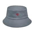 Detail view of red heart embroidery on dark grey cotton bucket hat with fine stitching - M (56-58cm) / Gray