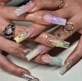 Extra long trapezoidal press-on nails with 3D floral design, pearls, and gradient colors - K027【24pcs】 / Boxed (jelly Gel + Granules)