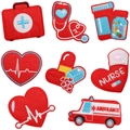 Vista dettagliata di 8 toppe mediche ricamate con disegni di ambulanza e infermiera - Rosso