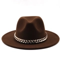 Close-up of a dark brown wool fedora hat featuring a chunky gold metal chain detail - Coffee