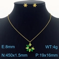 Golden titanium steel set with green crystal flower pendant necklace and stud earrings - Necklace + Earrings Set / Yellow & Green (KS201523-GG)
