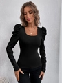 Detail of square neck and puff sleeve on slim fit black knitted long sleeve top - S / Black