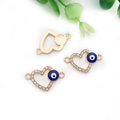 Golden heart-shaped devil eye connectors with blue stones and crystals for DIY jewelry - KC Gold Heart Evil Eye Connector