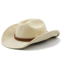 Classic cream suede western cowboy hat with brown leather band shown from a 45-degree angle - M(56-58CM) Adjustable / Beige
