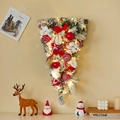 Pre-lit snowy teardrop Christmas wreath with red bows and warm white LED lights - Snow-flocked Teardrop Swag With LED Lights