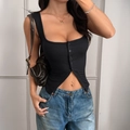 Y2K style black button-up crop top paired with jeans against a grey studio background - S / Black