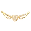 Close-up of a gold winged heart connector inlaid with sparkling zircon for jewelry making - Gold Wings Heart (L0189-A)