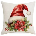 Detail of Christmas pillow cover with watercolor Santa hat and poinsettia floral print - Poinsettia and Santa Hat / 45*45cm Single-sided Linen
