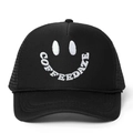 Black trucker hat with white COFFEEDAZE embroidery and breathable mesh back panel - All Black